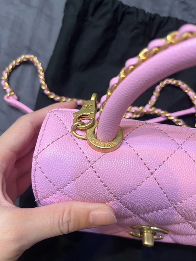 chanel 粉色菱格紋手提包-6