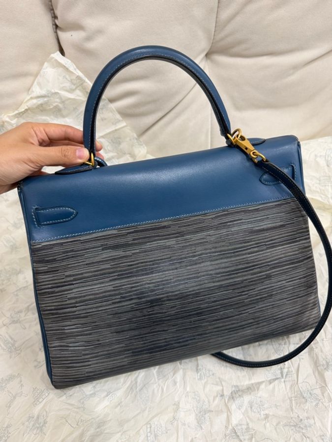 Hermes 愛馬仕 磨砂金扣 羊切皮 Kelly35 普魯士藍 內縫-5