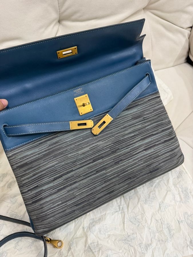 Hermes 愛馬仕 磨砂金扣 羊切皮 Kelly35 普魯士藍 內縫-13