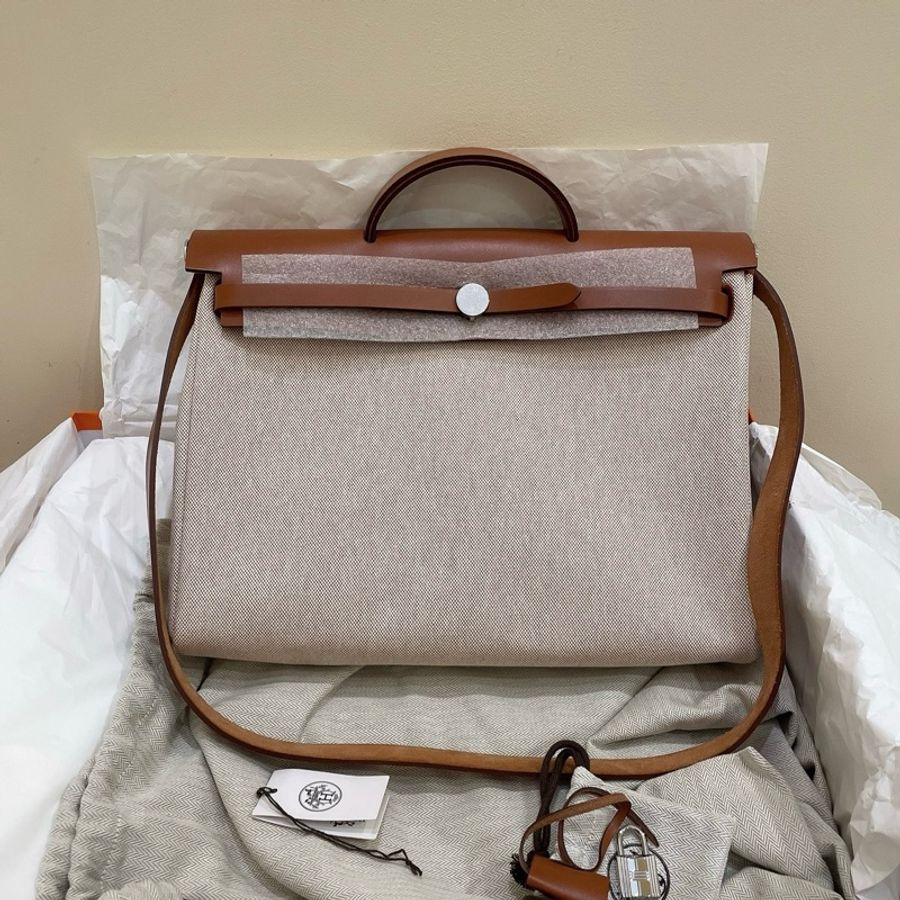HERMES愛馬仕 Herbag 39 帆布拼Hunter牛皮 單肩斜挎手提包 銀扣 男女同款情侶款-0