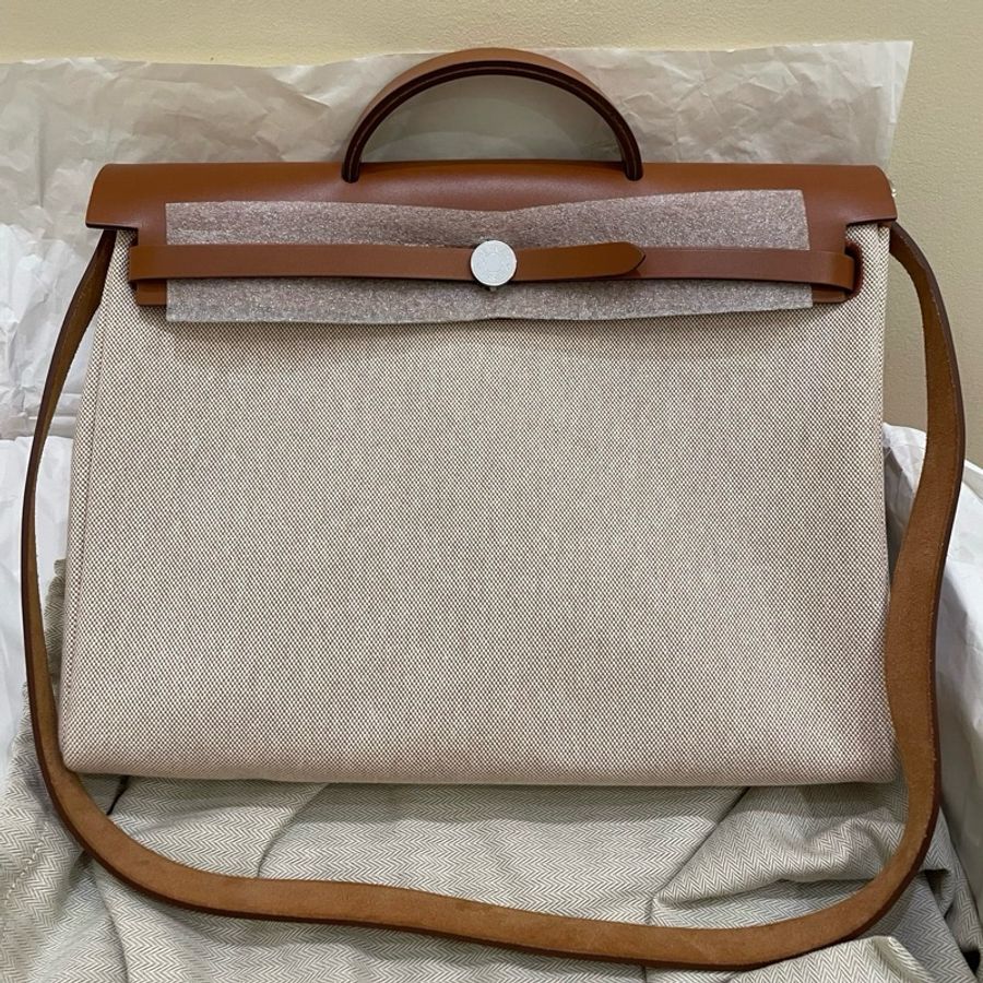 HERMES愛馬仕 Herbag 39 帆布拼Hunter牛皮 單肩斜挎手提包 銀扣 男女同款情侶款-1