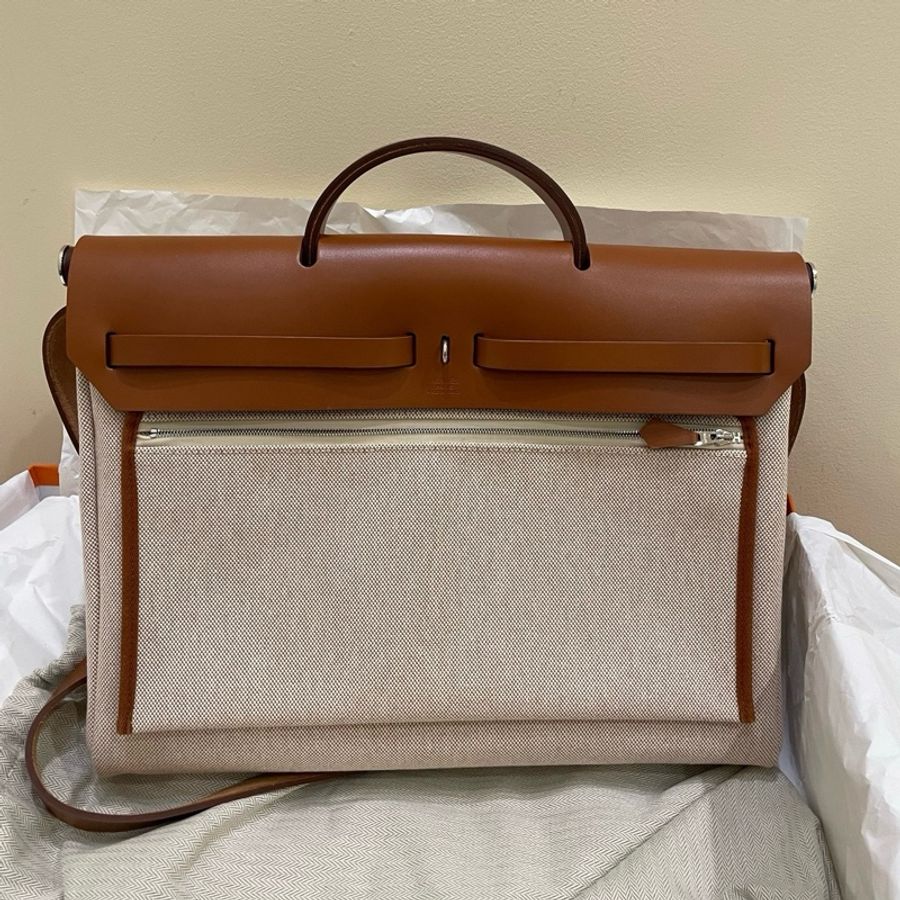 HERMES愛馬仕 Herbag 39 帆布拼Hunter牛皮 單肩斜挎手提包 銀扣 男女同款情侶款-2