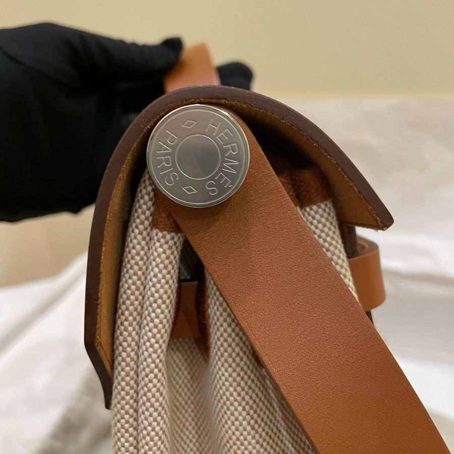 HERMES愛馬仕 Herbag 39 帆布拼Hunter牛皮 單肩斜挎手提包 銀扣 男女同款情侶款-8