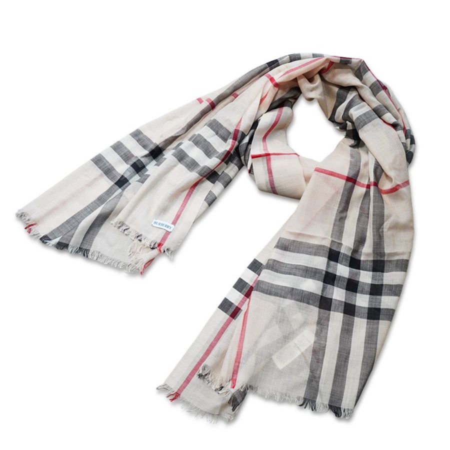 Burberry 寬版格紋羊毛絲質圍巾(80787821-米色)-0