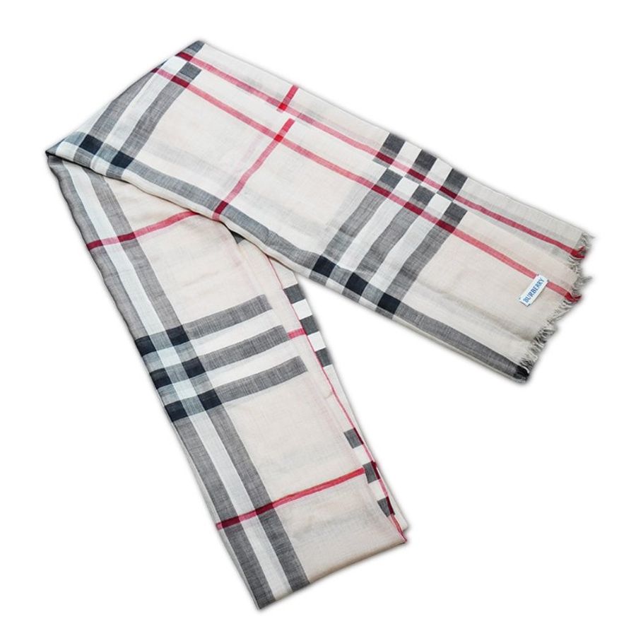 Burberry 寬版格紋羊毛絲質圍巾(80787821-米色)-1