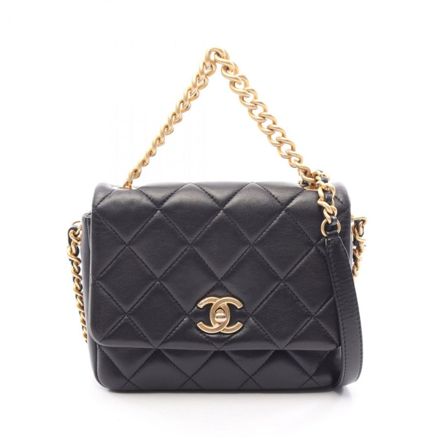 香奈兒 (CHANEL) 絎縫鏈條單肩包，羊皮材質，黑色，二手，女士款，金色五金-0