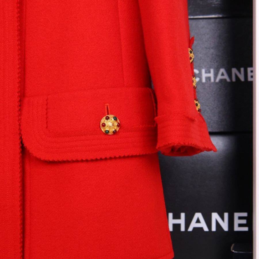Chanel 96年正红色羊毛双排琉璃扣大衣外套-20