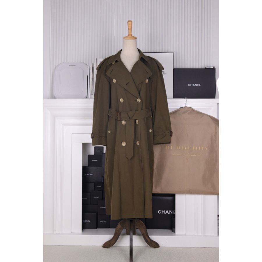 Burberry军绿色双排扣风衣腰带外套-0