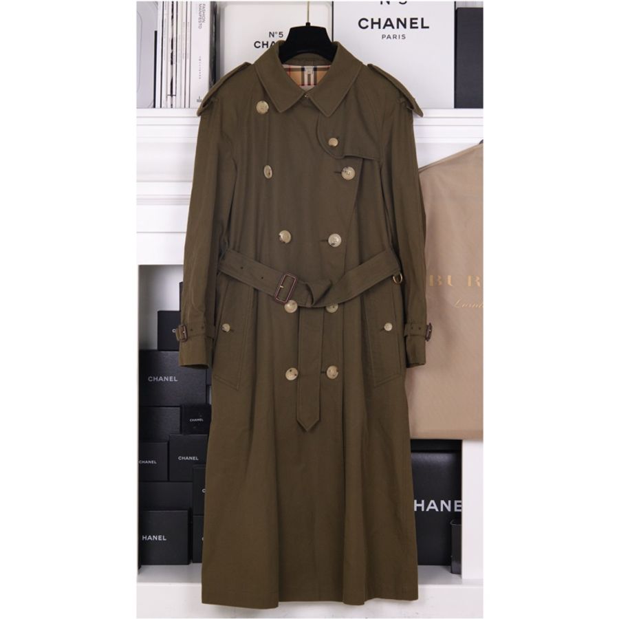 Burberry军绿色双排扣风衣腰带外套-2