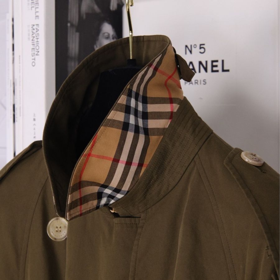 Burberry军绿色双排扣风衣腰带外套-6