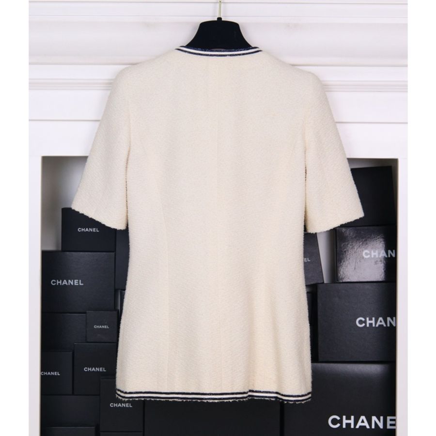 Chanel 95年芭比系列黑白滚边拉链圆领四口袋短袖上衣外套-3