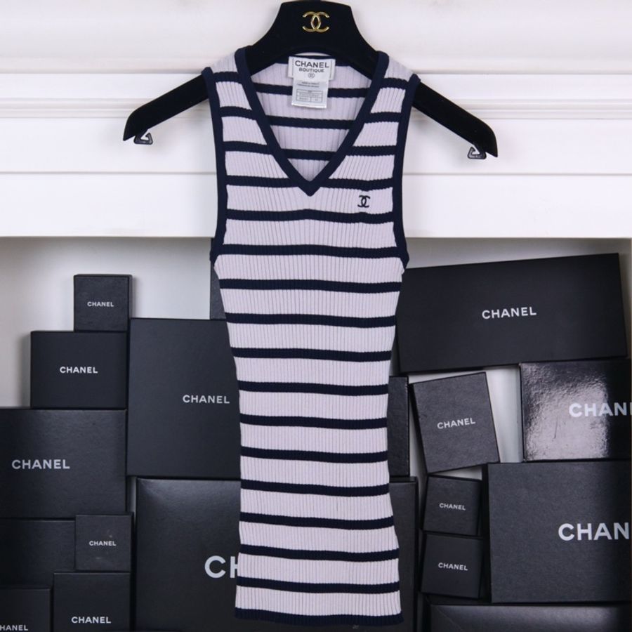 Chanel 98年蓝紫条纹针织V领背心上衣外套-8