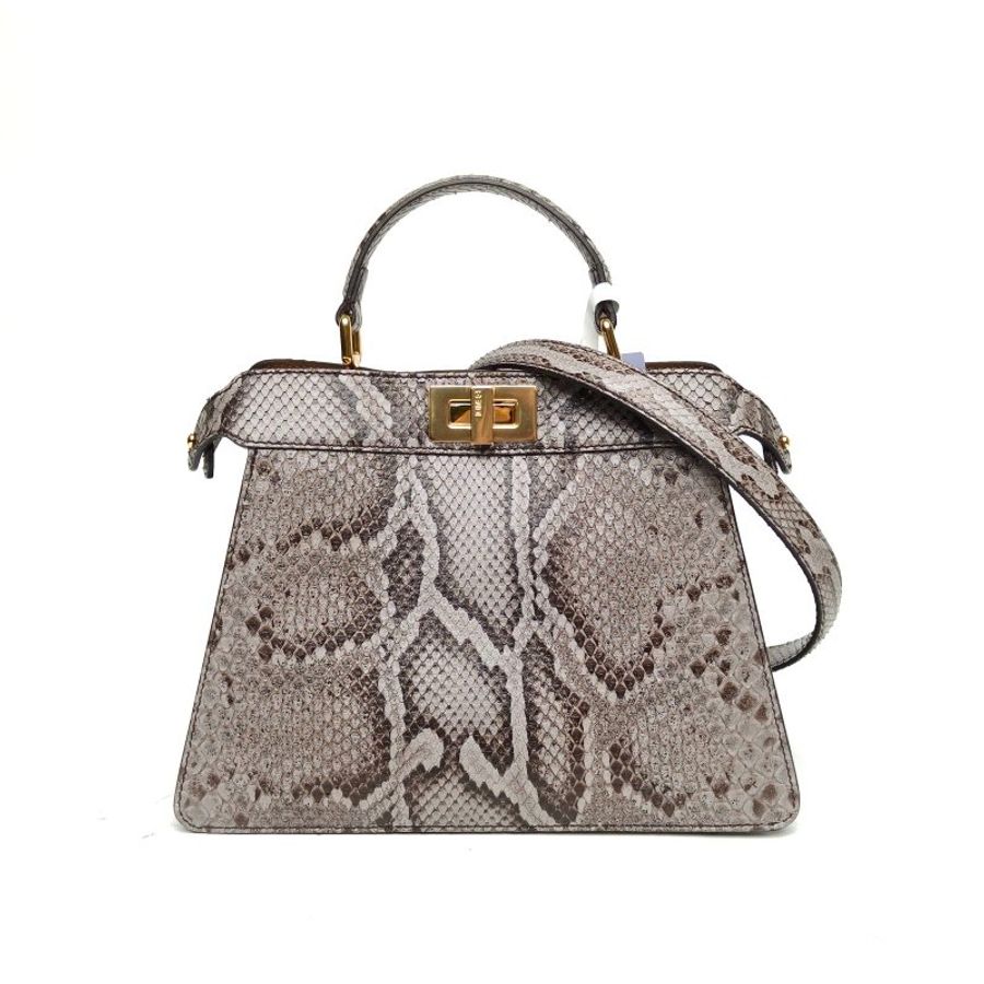 FENDI 蛇皮金扣PeekabooISeeU小號瀝青灰拼森林棕肩背包-0