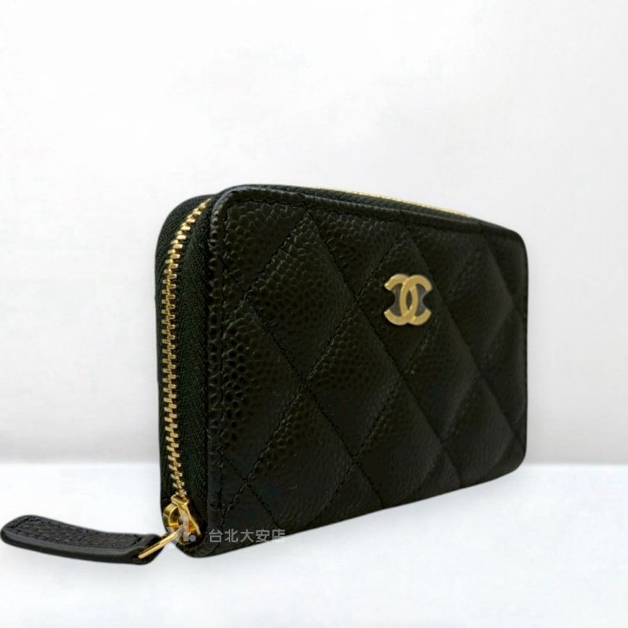 A13309-CHANEL COCO黑色荔枝牛皮金釦ㄇ拉零錢包AP021-1