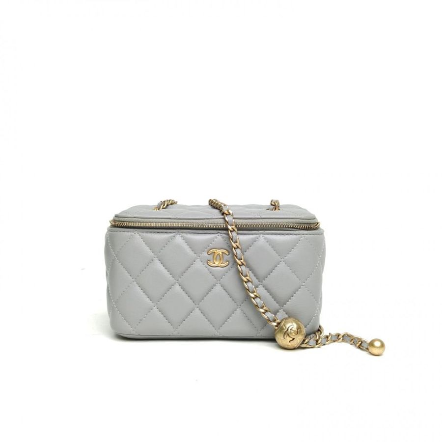 CHANEL 21B長盒子化妝包灰色金扣菱格紋金球調節扣肩背包-0