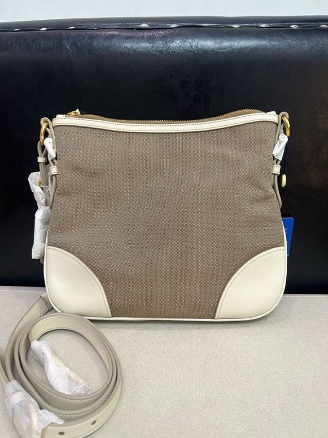 Prada/普拉達 刺繡大LOGO JACQUARD斜挎包米白帆布拼皮 復古學院風經典米白帆布+清爽白配皮-1