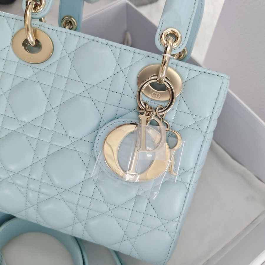 💙迪奧Dior 天藍色四格戴妃手提包斜挎包 金扣-5