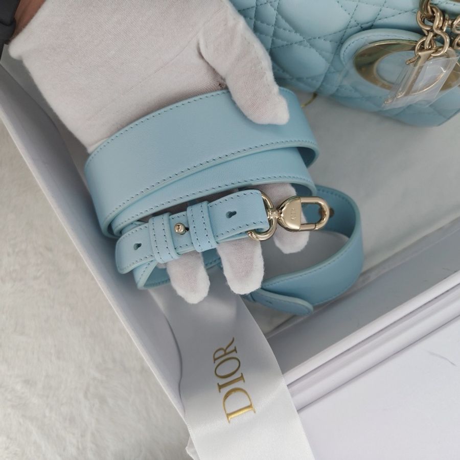 💙迪奧Dior 天藍色四格戴妃手提包斜挎包 金扣-7
