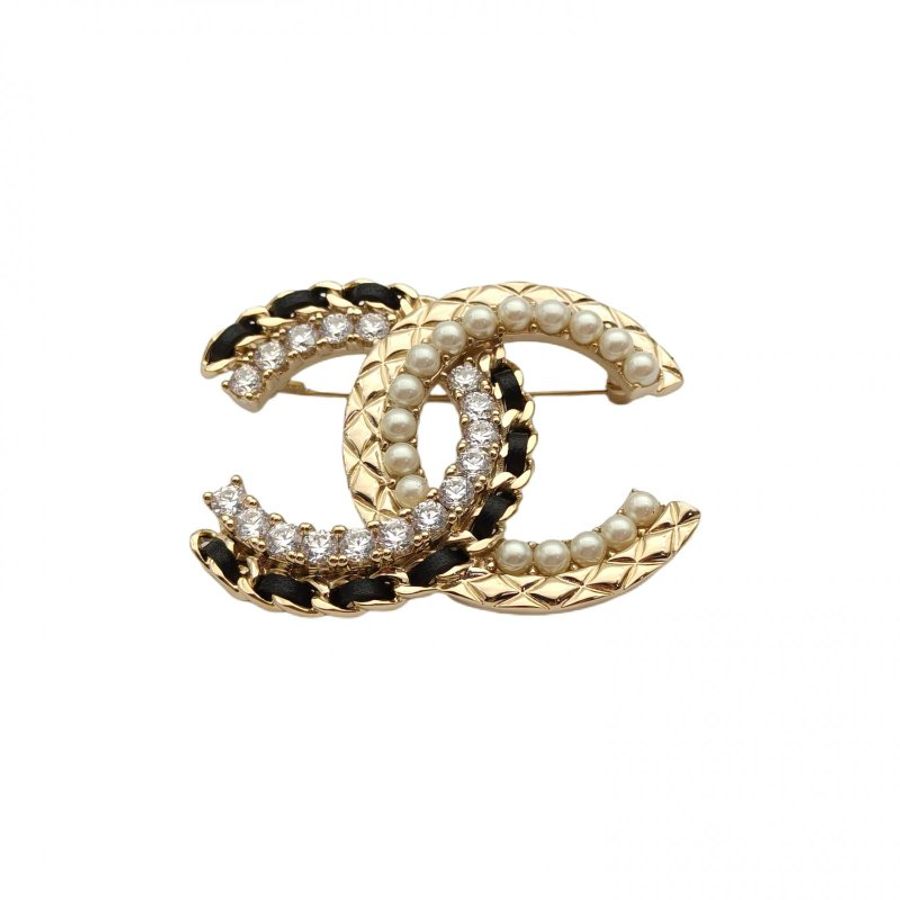 CHANEL 合金22B雙C珍珠皮穿鏈水鑽胸針-0