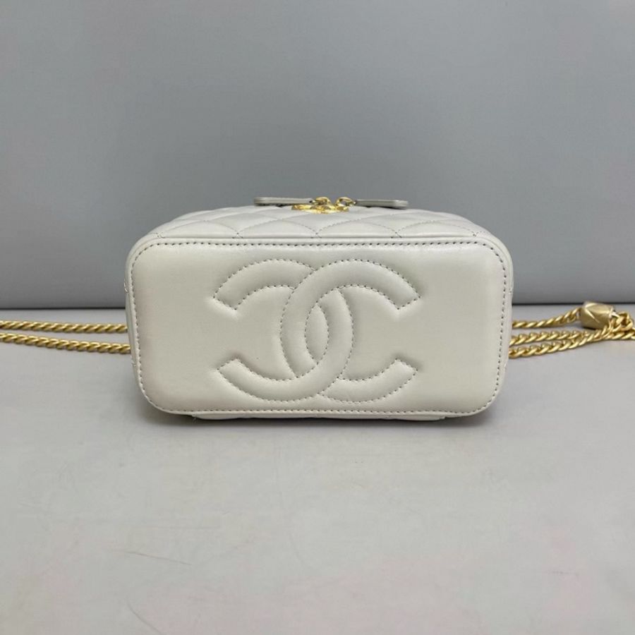 Chanel香奈兒 灰金全皮菱格金柱調節扣化妝包  芯片款-3