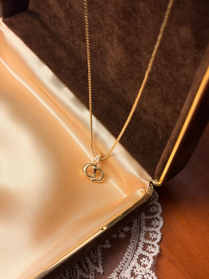 Christian Dior 鍍金頸鏈 CD logo 水鑽 萊茵石項鏈-1