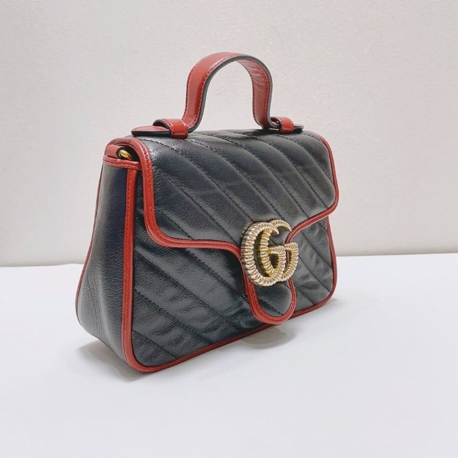 Gucci GG Marmont黑紅拼色牛皮 郵差手提肩背包 21x8x15cm 98新配件塵袋-7