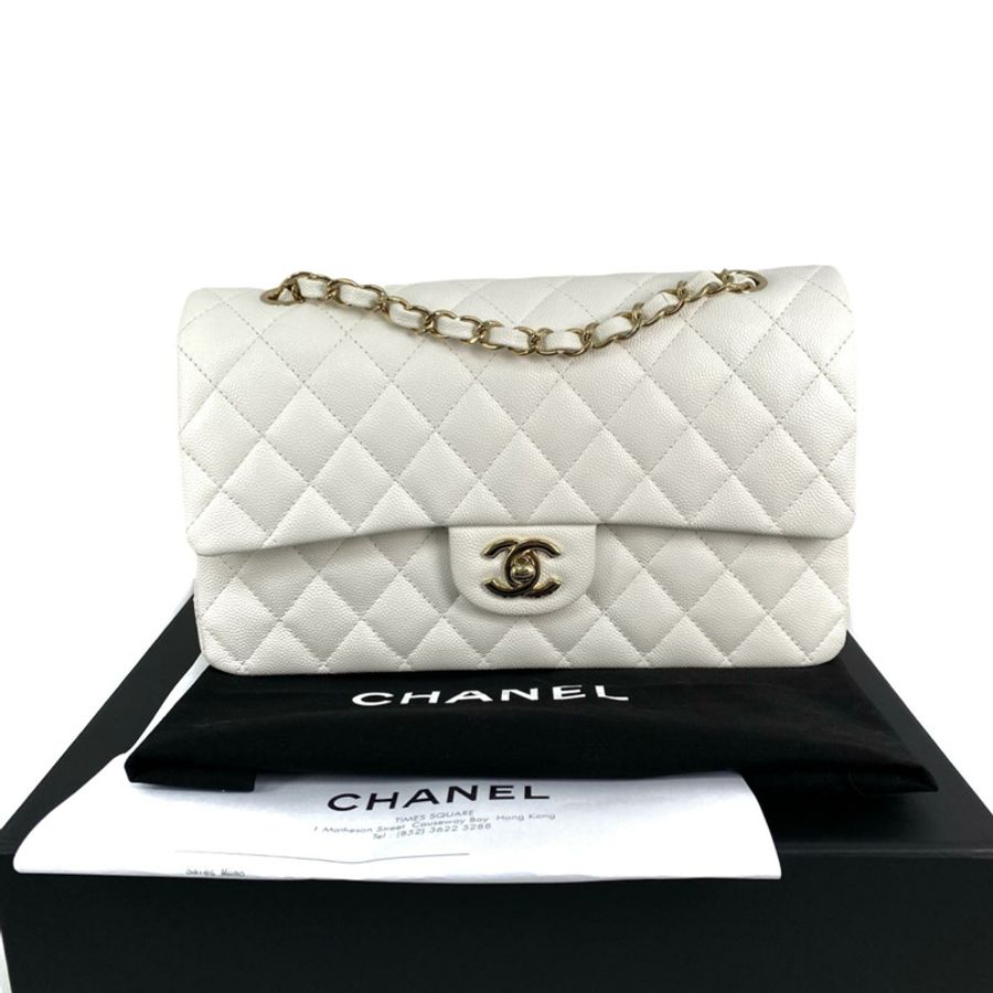 △ CHANEL 香奈兒 White Caviar Skin CF25 Gold Tone Metal Classic Double Flap Chain Shoulder Bag 白色粒紋小牛皮CF25金色金屬鎖鏈肩背包-267011269-0