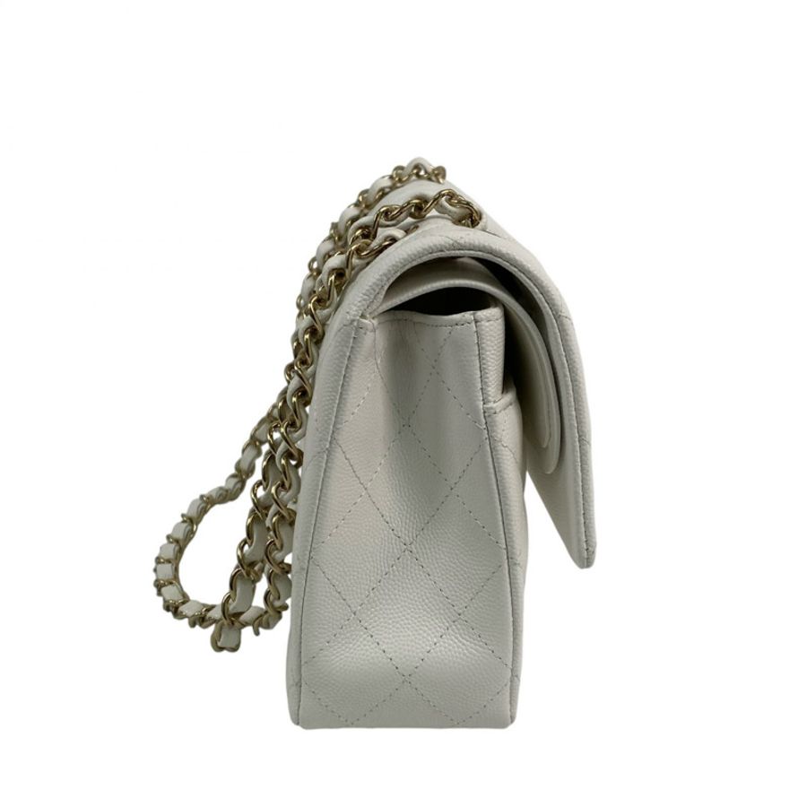 △ CHANEL 香奈兒 White Caviar Skin CF25 Gold Tone Metal Classic Double Flap Chain Shoulder Bag 白色粒紋小牛皮CF25金色金屬鎖鏈肩背包-267011269-4