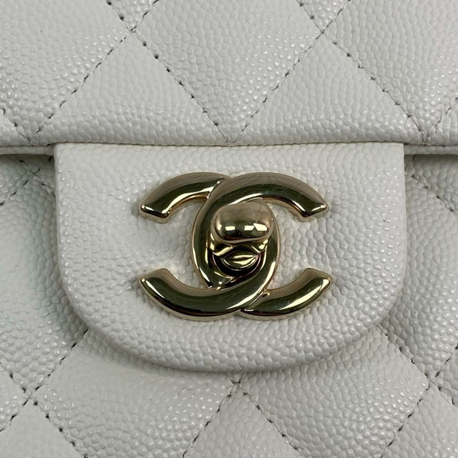 △ CHANEL 香奈兒 White Caviar Skin CF25 Gold Tone Metal Classic Double Flap Chain Shoulder Bag 白色粒紋小牛皮CF25金色金屬鎖鏈肩背包-267011269-11