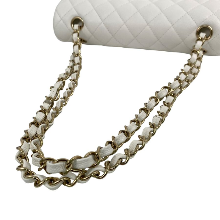 △ CHANEL 香奈兒 White Caviar Skin CF25 Gold Tone Metal Classic Double Flap Chain Shoulder Bag 白色粒紋小牛皮CF25金色金屬鎖鏈肩背包-267011269-19
