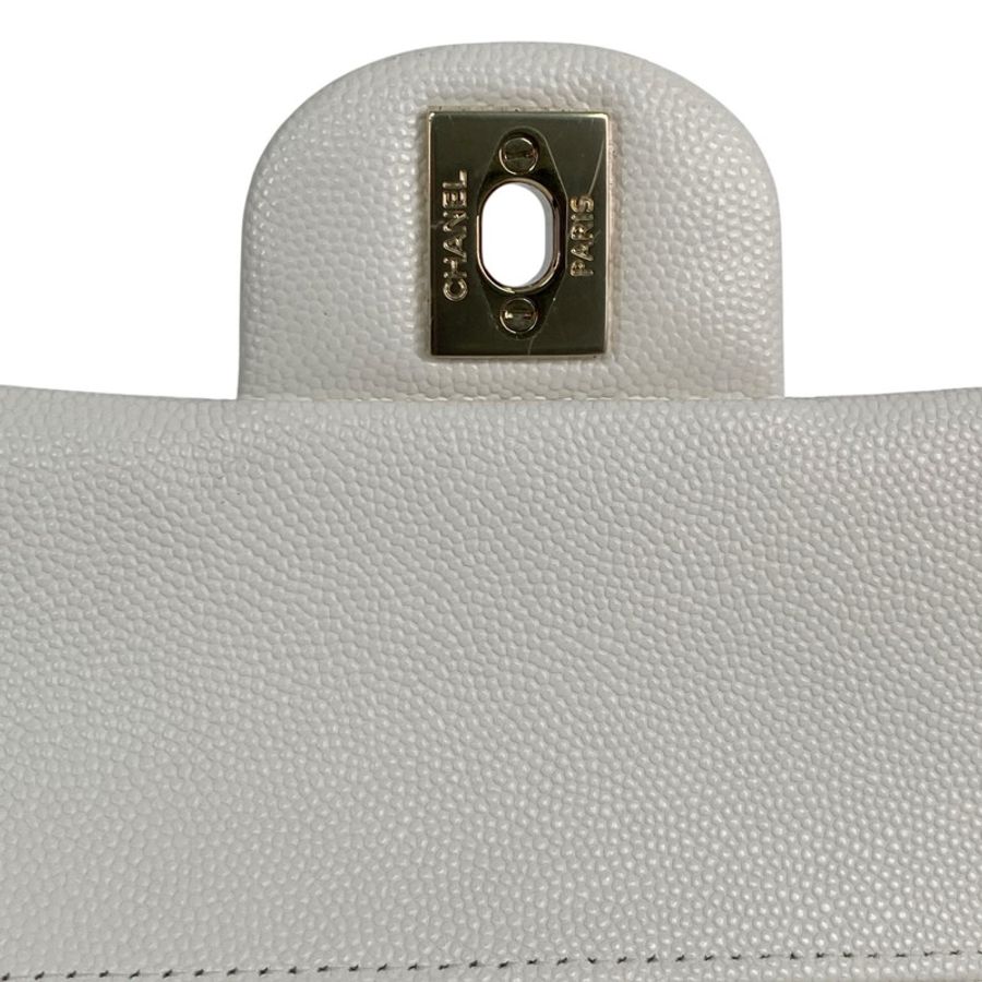 △ CHANEL 香奈兒 White Caviar Skin CF25 Gold Tone Metal Classic Double Flap Chain Shoulder Bag 白色粒紋小牛皮CF25金色金屬鎖鏈肩背包-267011269-22