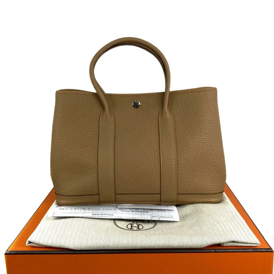 △ HERMES 愛馬仕 4B Biscuit Negonda Calfskin Palladium Plated Metal Garden Party 30 Stamp B Tote Bag 4B餅乾色粒紋小牛皮鍍鈀金屬B刻托特袋-267011707-0