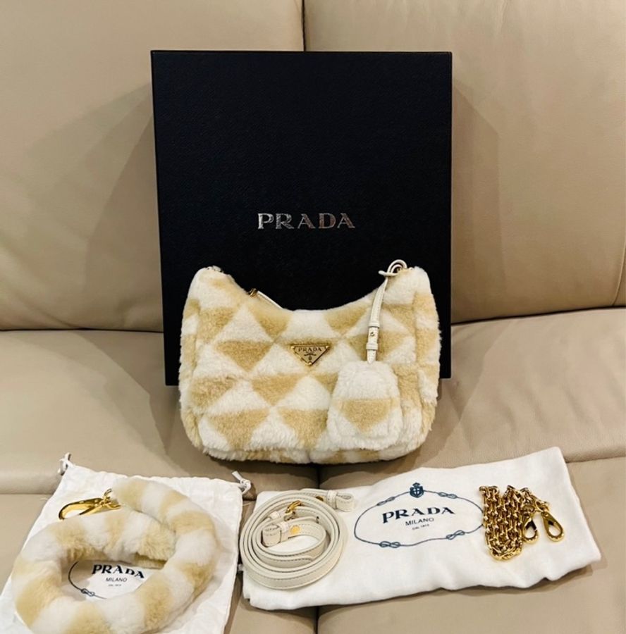 Prada 普拉達 羊絨皮拼接圖案手袋/米白色/肩背包/腋下包/全新閒置美品-0