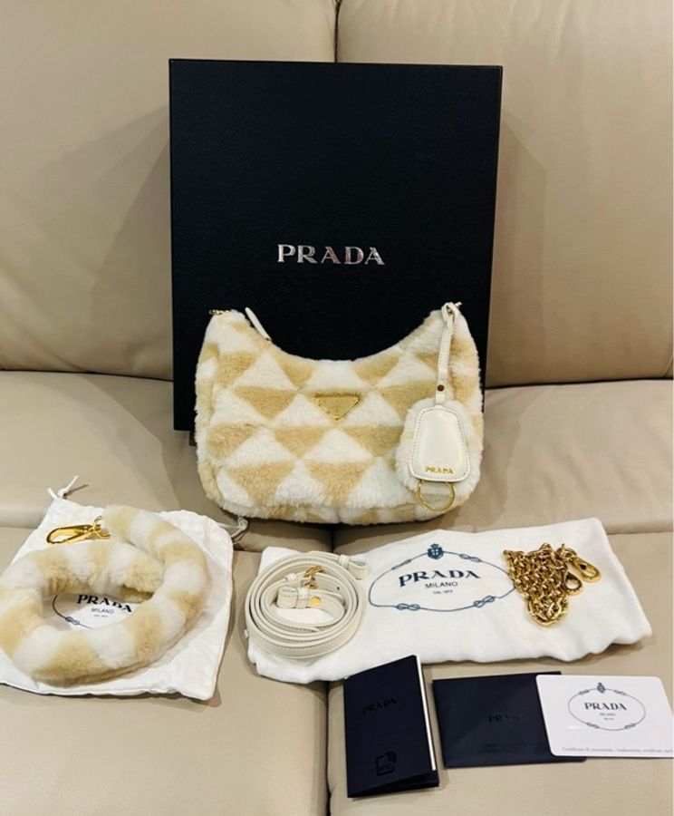 Prada 普拉達 羊絨皮拼接圖案手袋/米白色/肩背包/腋下包/全新閒置美品-1