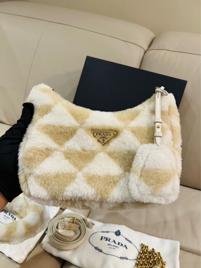 Prada 普拉達 羊絨皮拼接圖案手袋/米白色/肩背包/腋下包/全新閒置美品-2
