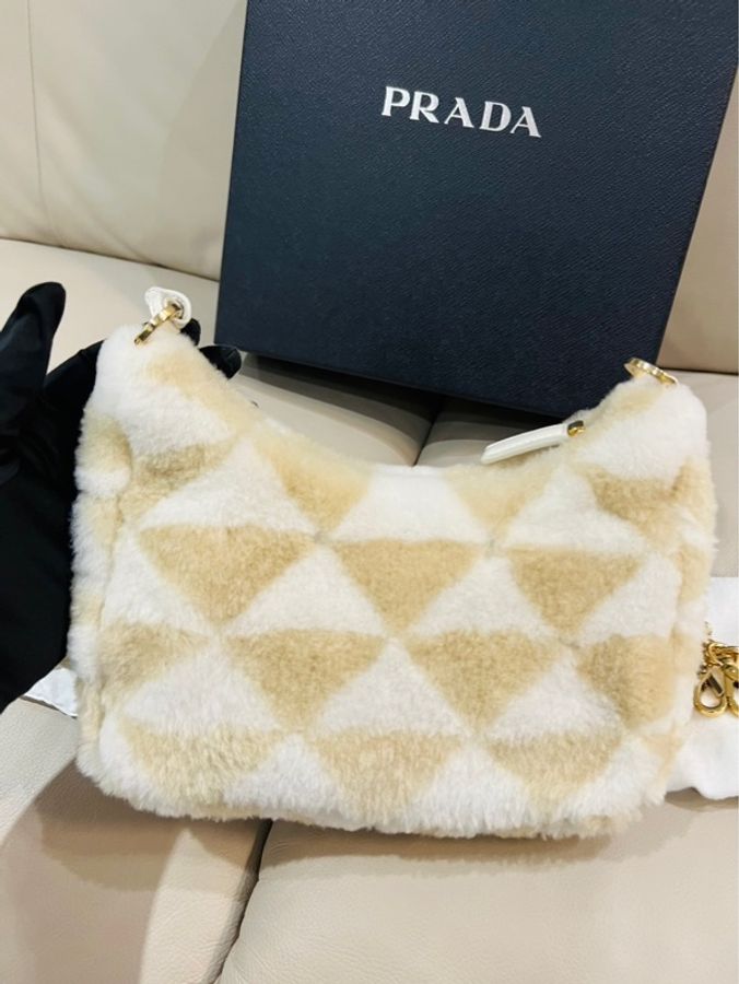 Prada 普拉達 羊絨皮拼接圖案手袋/米白色/肩背包/腋下包/全新閒置美品-3