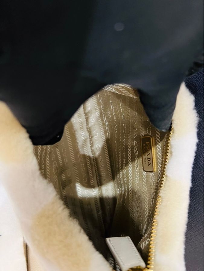 Prada 普拉達 羊絨皮拼接圖案手袋/米白色/肩背包/腋下包/全新閒置美品-5