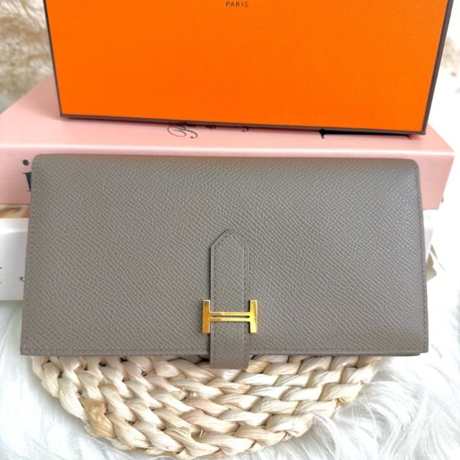 Hermès BEARN 錢包 大象灰 Epsom 中號 金扣-0