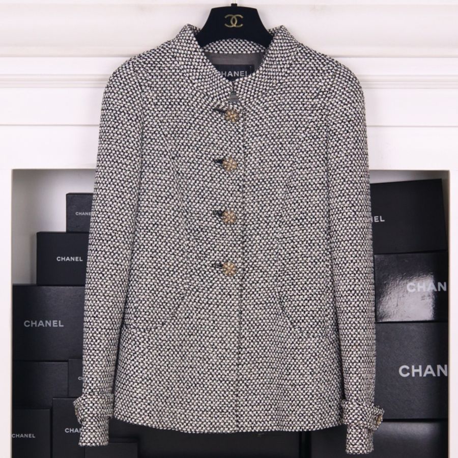 Chanel 12年孟买系列黑白格纹粗花呢琉璃扣立领上衣外套-9