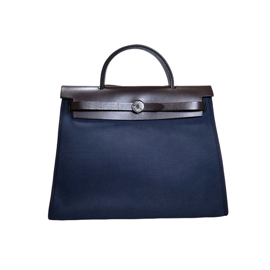 Used HERMES Toile Hunter Herbag Zip Handbag Navy Blue Brown-0