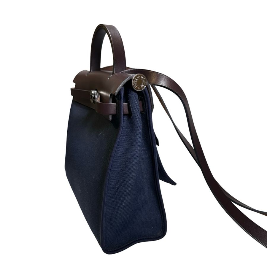 Used HERMES Toile Hunter Herbag Zip Handbag Navy Blue Brown-3