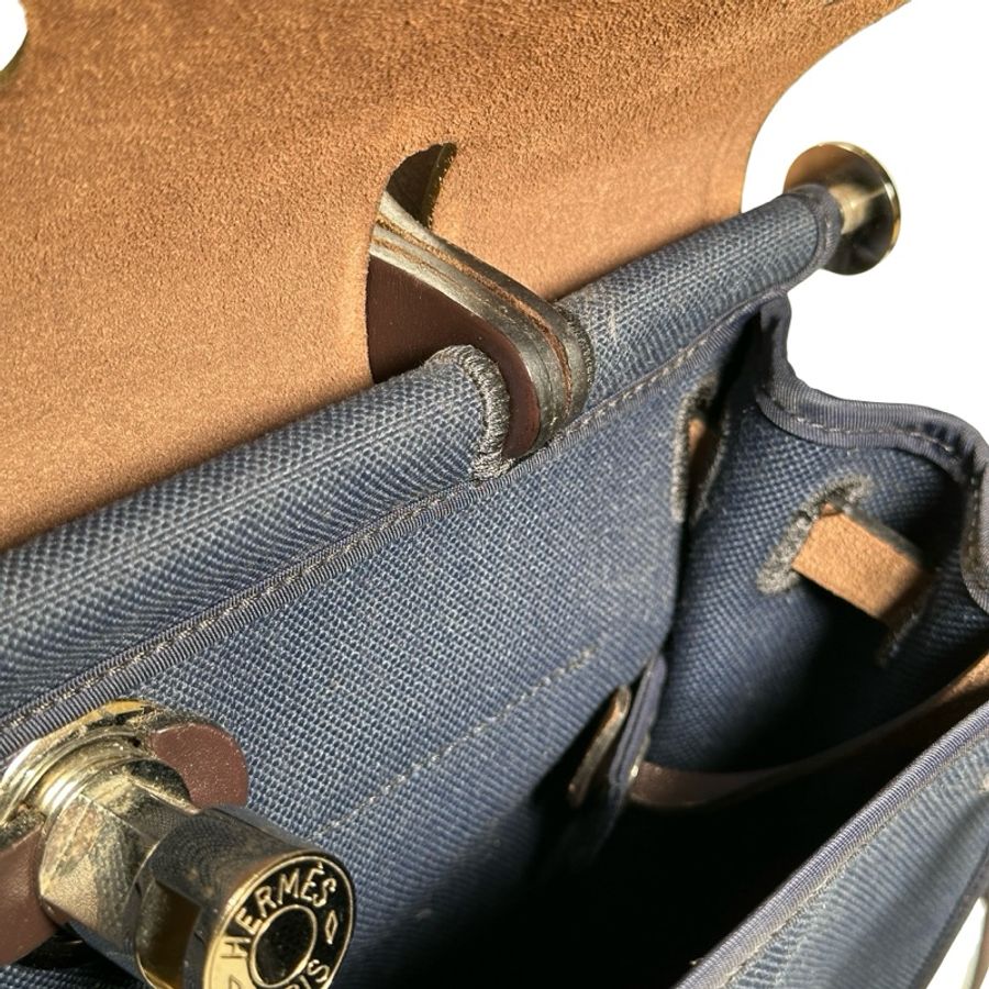 Used HERMES Toile Hunter Herbag Zip Handbag Navy Blue Brown-7