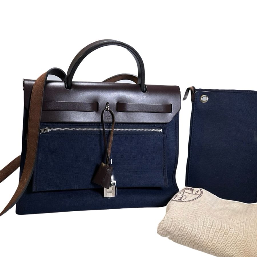 Used HERMES Toile Hunter Herbag Zip Handbag Navy Blue Brown-8