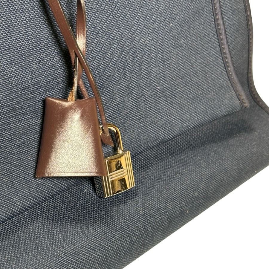 Used HERMES Toile Hunter Herbag Zip Handbag Navy Blue Brown-10