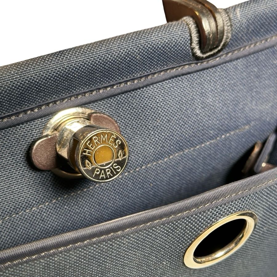 Used HERMES Toile Hunter Herbag Zip Handbag Navy Blue Brown-14