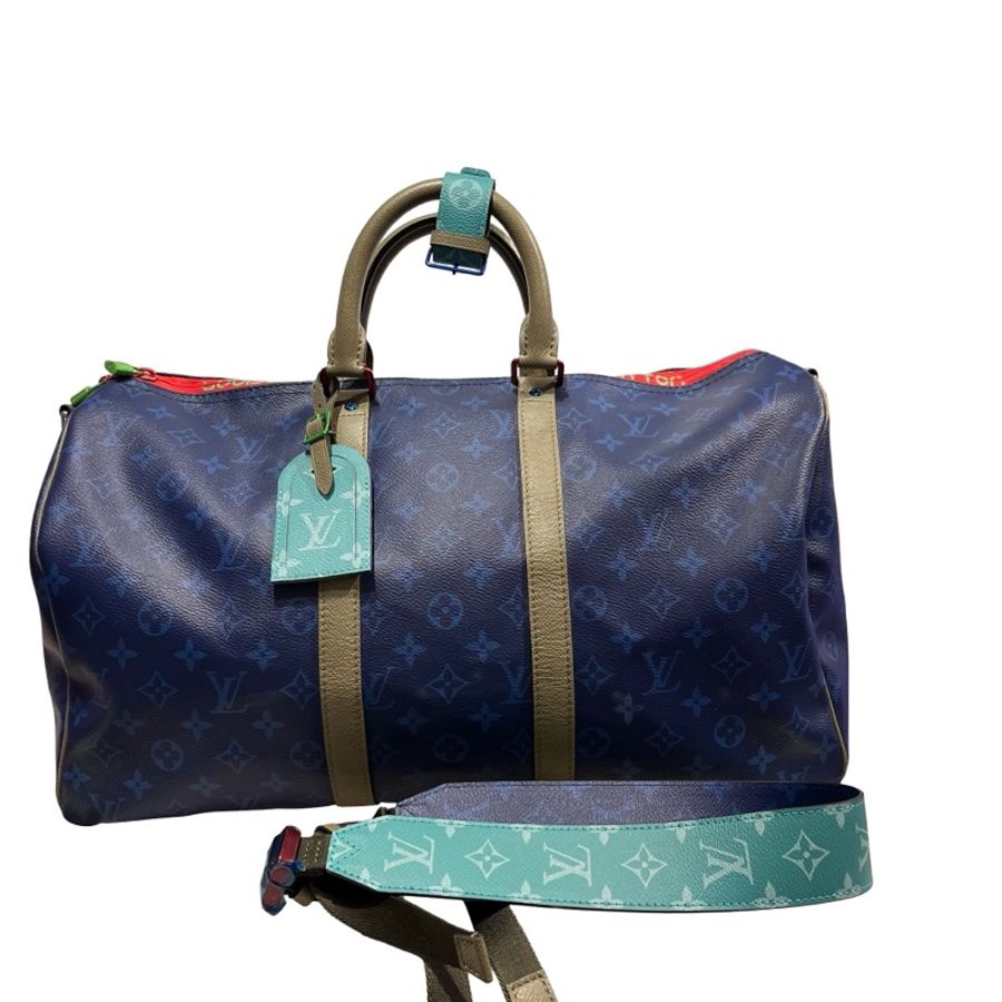 Used LOUIS VUITTON Monogram Keepall Bandoulière Travel Bag Blue Khaki Red Turquoise-0