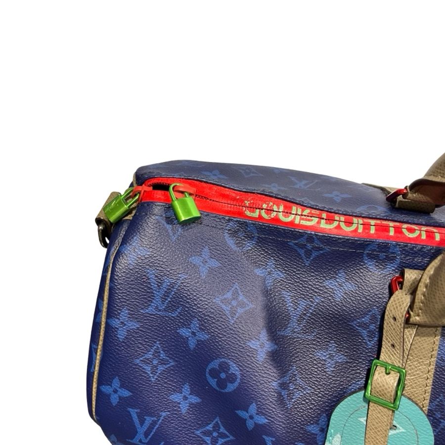Used LOUIS VUITTON Monogram Keepall Bandoulière Travel Bag Blue Khaki Red Turquoise-17