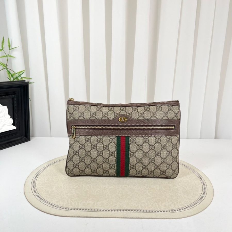 GUCCI古馳 Ophidia Logo條紋織帶 帆布拼皮 手拿包-0