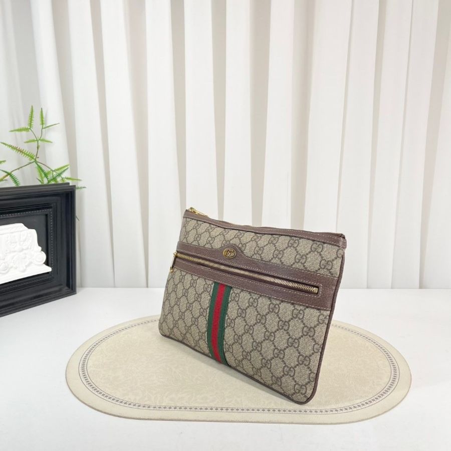 GUCCI古馳 Ophidia Logo條紋織帶 帆布拼皮 手拿包-4