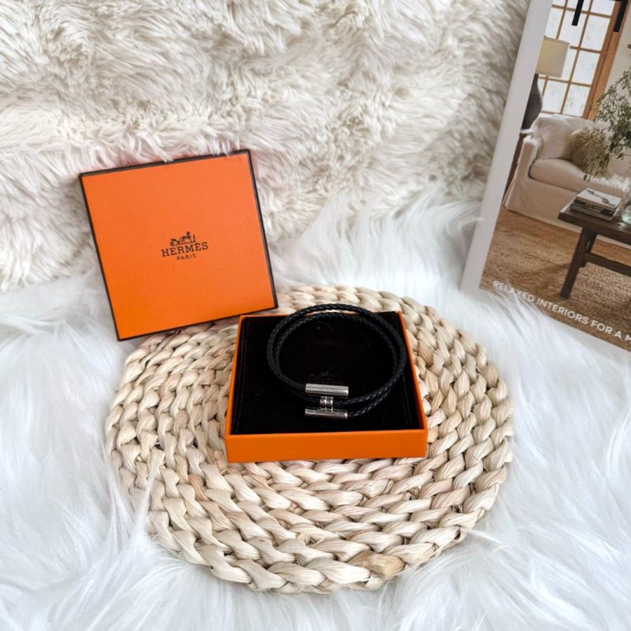 Hermès 黑銀 小牛皮編織雙環手繩-0